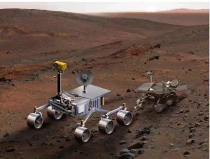 Figure 1-2. Artist concept of Mars Science Laboratory, left, compared to Mars Exploration Rover,  right (Image courtesy NASA/JPL-Caltech) 