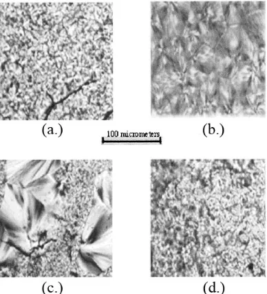 FIGURE 1.8.   Polarized optical micrographs of (a.) PLLA, (b.) PCL, (c.) solution cast,  and (d.) coalesced PLLA/PCL blends