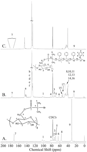 FIGURE 3.7. 13C-NMR of (A.) Br-γ-CD, (B.) PS5-γ-CD star, and (C.) PS29-γ-CD. 