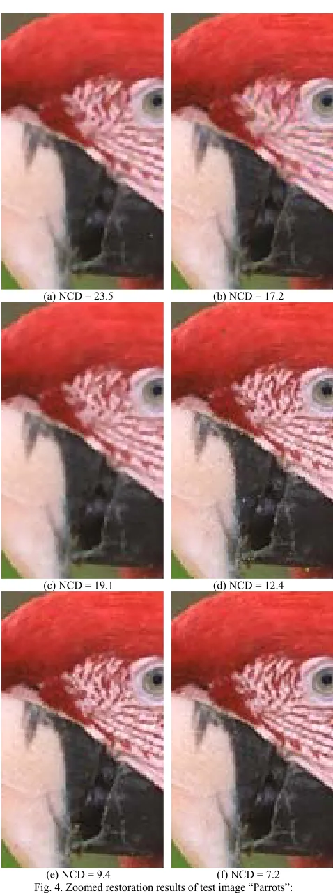 Fig. 4. Zoomed restoration results of test image “Parrots”:  