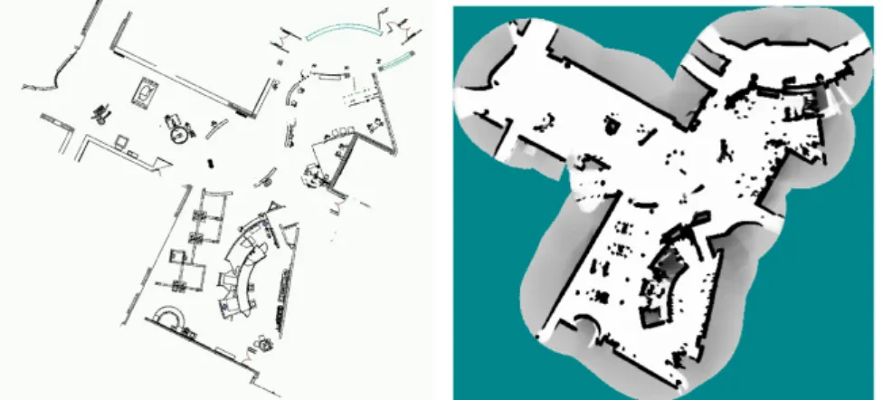 Figure 2.6: This image illustrates an occupancy grid map of an environment. Left: a CAD rendering of a floor plan, Right: an occupancy grid map of the same environment build with a 2D LiDAR