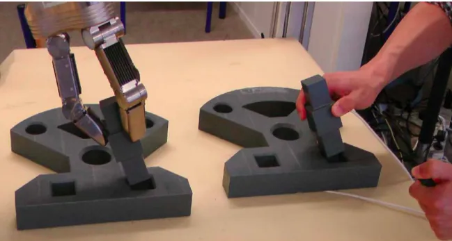 Fig. 2.5 Human demonstrator performs the peg-in-hole task, in teleoperation mode, as the robot copies the movements of the human [109].