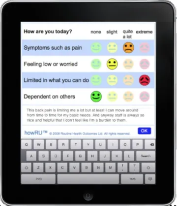 Fig. 1. Sentic PROMs prototype on iPad. The new interface allows patients to assess their health status and health-care experience both in a structured (questionnaire) and unstructured (free text) way.