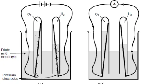 Fig. 1.  (a) The electrolysis of water. The water is separated into hydrogenand oxygen by the passage of an electric current