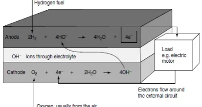 Fig. 3.  Electrode reactions and charge flow for an acid electrolyte fuel cell.  Note that although the negative electrons flow from anode to cathode, the‘conventional current’ flows from cathode to anode