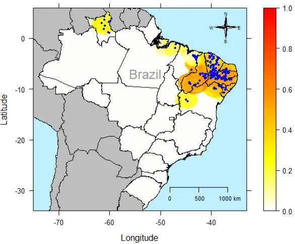 Figure 2. Gene diversity heat map drawn using the output of sHe(), considering a 200 km radius