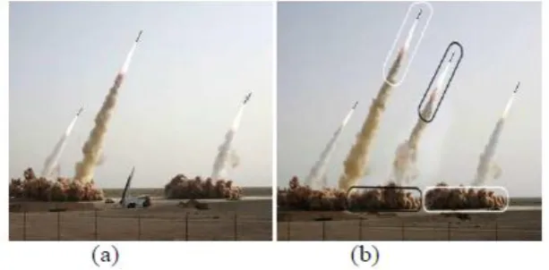 Fig 1: An example of copy-move forgery: (a) three missiles in original image (b) four missiles in tampered image