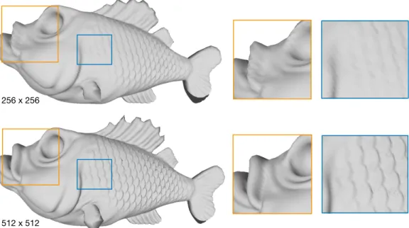 Fig. 4. Fish reconstructions after regular sampling of squared harmonic map. Top: Sampled by a 256 × 256 grid, shows detail loss and distortions