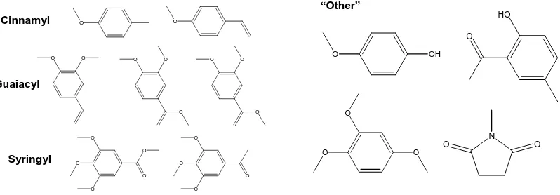 Figure 5.  Left:  Compounds attributable to p-hydroxyphenyl (cinnamyl), guaiacyl, and syringyl lignin origins in maturing compost as revealed by alkaline extraction, then methylation and GCMS (Amir et al