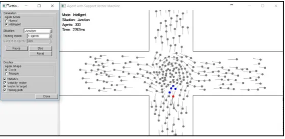 Figure 5 shows a normal agent in a two-way corridor where some agents move from left to right  a normal agent is selected as the agent mode, there are no agents that are coloured in blue (agent or agents while others move from right to left