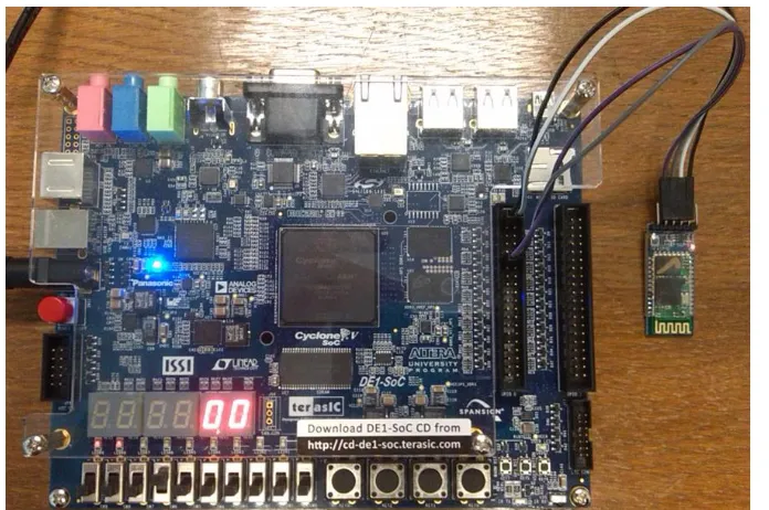 Fig. 4 shows a photo of the test setup. Once the BT interface has been programmed into the FPGA by using the Quartus programmer tool, and the HC-05 has been connected, the test starts transmitting and receiving data via BT with a PC and then with a smartph