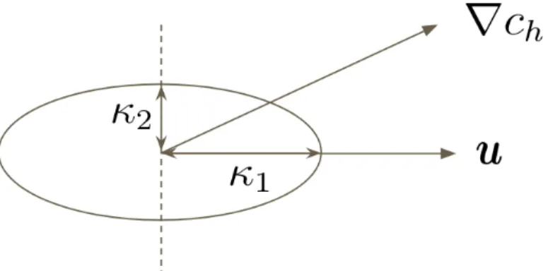 Figure 3.1: A schematic figure showing streamline diffusion and crosswind diffusion where κ 1 = κ + 1 2 αh |u| and κ 2 = κ + 12 α ec h |R(c h )| / |∇c h |.