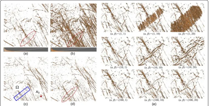 Figure 5 Interactive visual exploration for overlapping white matter structures. Visualization results obtained using (a) and (b) 1D TF presets, (c) x 0 and Ω set by the user, (d) the locally refined result and (e) effect of the configurable parameters α a