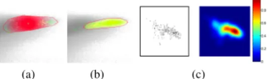 Figure 4: User selected sample points (shown in green) over a joint histogram. TF widget generated from the samples as (a) convex hull and (b) KDE
