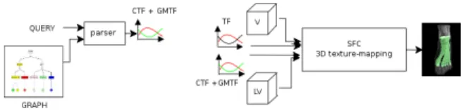 Fig. 2. Rendering step. Left: first step, given a user query and the graph, a set of transfer functions CTF and GMTF on the labelled voxel model is computed