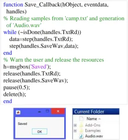 Fig. 7. Boxes provided by the designed GUI to warn about the end of the audio file saving 