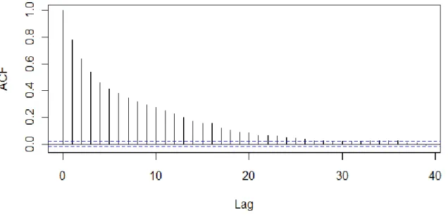 Figure 2.1 – A typical ACF plot showing strong, significant autocorrelation, decaying  exponentially toward zero