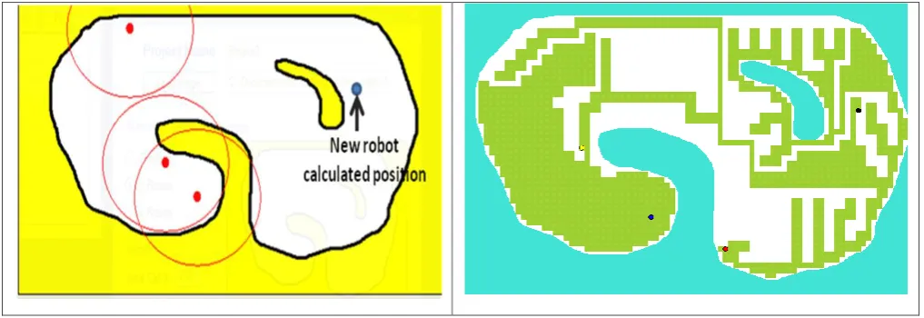 Fig. 8.  (a) Calculating a new position for the 4th robot. (b) An interim state of the simulation
