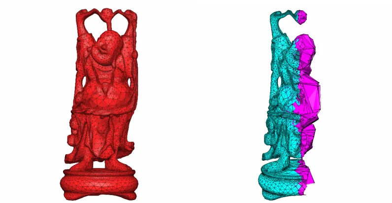 Figure 2.16 ‘Happy Buddha’ and its sliced tetrahedral mesh version. The model is 