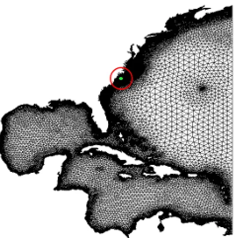 Figure 1.1:The scale of a full-sized ADCIRC mesh and a smaller local mesh (dot within thering).