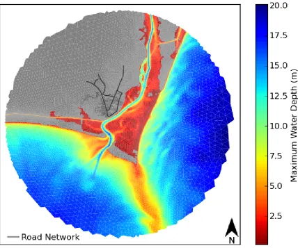 Figure 1.6:Maximum water depth during the storm event on the hypothetical communitywhile the levee is fully functional.