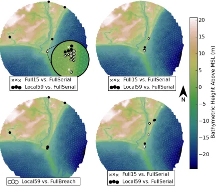 Figure 1.8: Clockwise from upper-left: (a) Local59 and Full15, showing nodes with an absoluteerror of maximum water surge elevation greater than 15 cm when compared to FullSerial