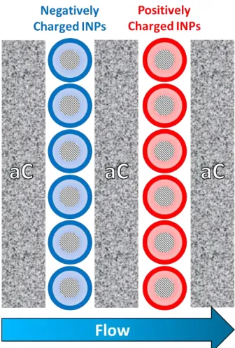 Figure 1. Schematic of proposed filtration architecture composed of positively and negatively charged functionalized inorganic nanoparticles (INPs) immobilized in an amorphous carbon (aC) scaffold