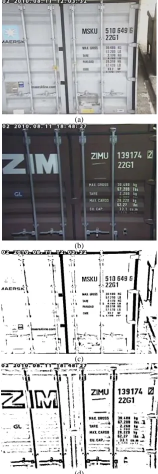 Fig. 1.  Locally thresholding segmentation: (a) and (b) the original container images; (c) and (d) the segmentation results of (a) and (b) respectively