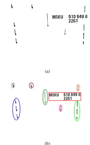 Fig. 2.  Character extraction from Fig. 1(c): (a) the filtering result by geometry features; (b) the grouping result by character distance; (c) the character extraction result