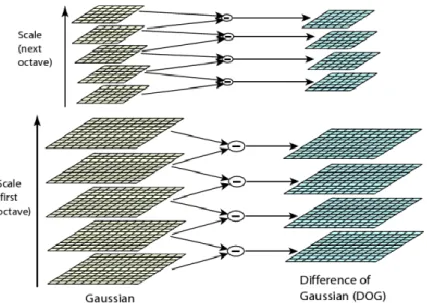 Figure 2.4: Scale space formation and extrema finding. (a) Scale space and DoG scale space construction; (b)  Extrema detection in DoG scale space by looking into 26 neighbors
