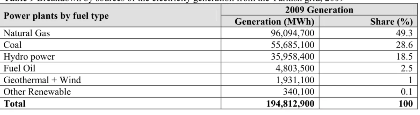 Table 9 Breakdown by sources of the electricity generation from the Turkish grid, 2009 32