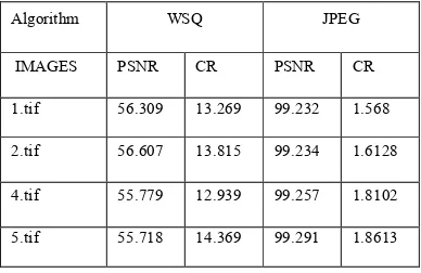 Table -1: Comparative table for WSQ and JPEG 