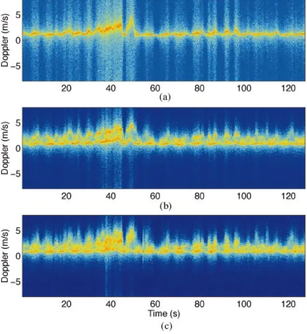 Fig. 13. Time-Doppler spectra of data synthesized by a sliding AR process of order (a) 1, (b) 2, and (c) 3