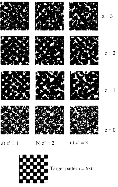 Figure 2.7: The designed surfaces (�� when diblock copolymers of chain length 12�������������c)are the patterns observed in the bulk at�������
������� , b) , with 