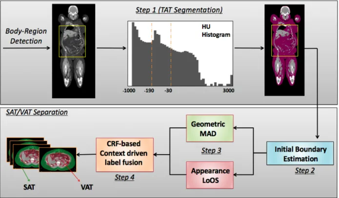 Figure 3.1: An overview of the proposed SAT-VAT separation method. Once the abdominal region is detected, Total Adipose Tissue (TAT) is segmented using the CT intensity interval known for fat tissue
