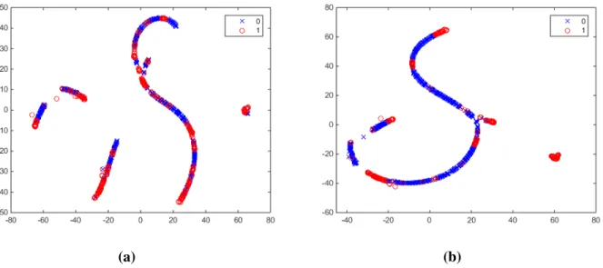 Figure 3.3: t-SNE visualizations using (a) Euclidean and (b) Normalized Correlation distances.