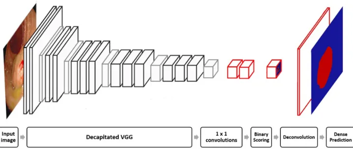 Figure 2: Illustration of a FCN-VGG for polyp detection. The decapitated VGG consists of the VGG network architecture 11 without the fully connected and scoring layers