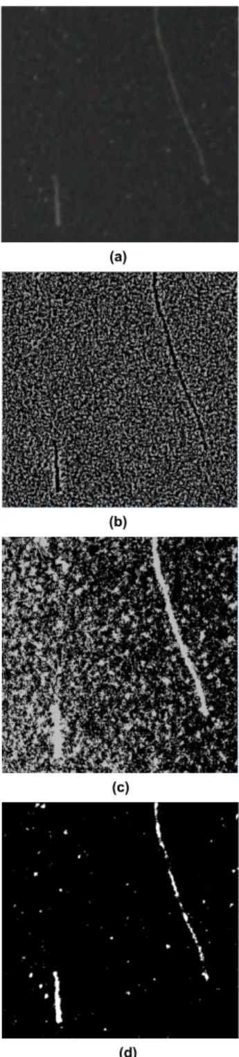 FIGURE 1. Example of scratch image. (a) Scratch image. (b) Otsu threshold image. (c) Gaussian local threshold image
