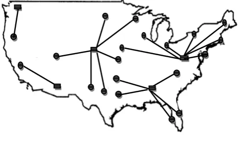 Fig 9. Optimal location and allocations for n= 25 and ∝ = .4 and cover radius 2400 