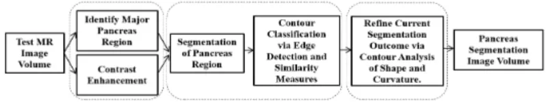 Fig. 1. Overview of framework for the automatic segmentation of the pancreas from an MRI volume.
