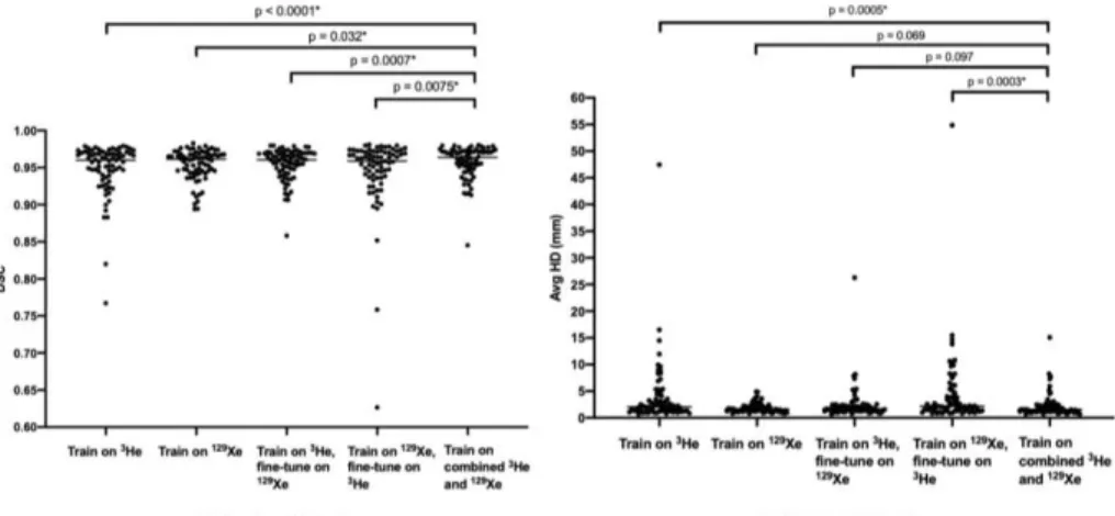 Fig.  3  shows  examples  of  segmentation  quality  for  a healthy  subject  and  patients  with six different pathologies across the five DL experimental methods using  3 He and 