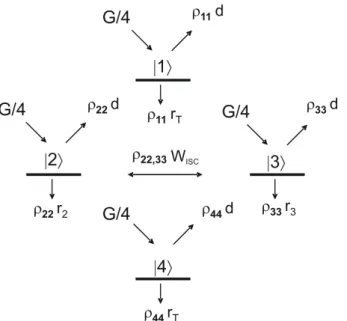 Figure 1.6: Generation, dissociation, recombination and relaxation rates within the spin pair ensemble in an EDMR experiment.