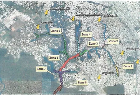 Fig. 11: Flood Zones Located by Consultants in Sagbé-Anonkoi Kouté Watershed (in Abobo municipality) on a Google Eath Image 