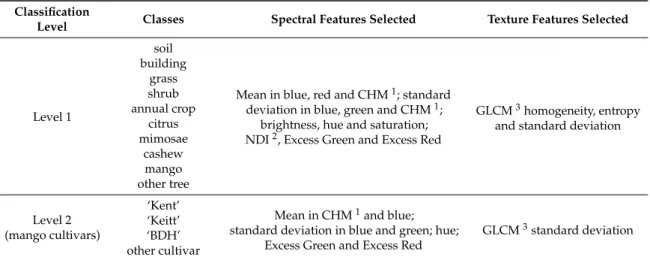 Table 2. Classes, spectral and texture features selected for each classification level.