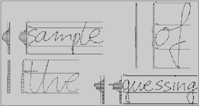 Figure 8  Examples of locating zones using the histograms. Note the error in the word “guessing” 