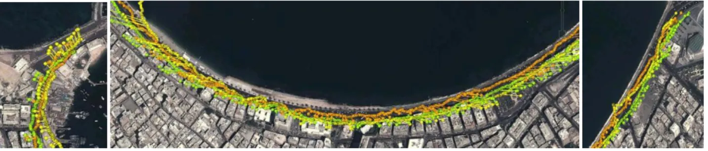 Figure 8: Locations of intense stress reactions along the inners path. (Left) Citadel area, (middle) between Court House area and Saad  Zaghloul Square, (right) Bibliotheca Alexandrina 