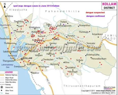 Figure 1: Spot map of the area showing suspected and confirmed dengue cases. 