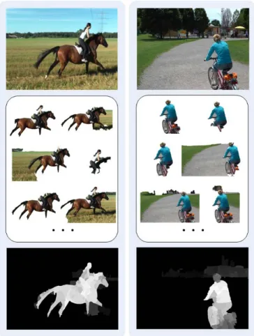 Fig. 1. Illustration of our object proposal-based video saliency detection approach. The two frames in the first row are the original frames from the horses01 and people05 videos in the FBMS dataset [44]