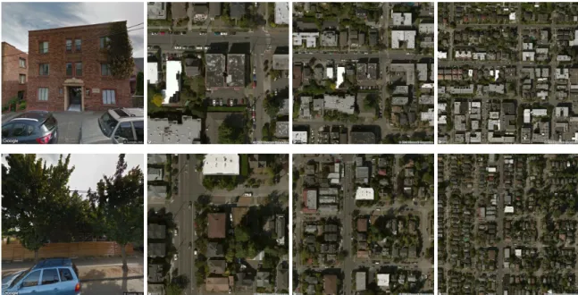 Figure 2. Examples of Google Street View and the corresponding overhead remote sensing images with zoom levels 19, 18, and 17 in our dataset