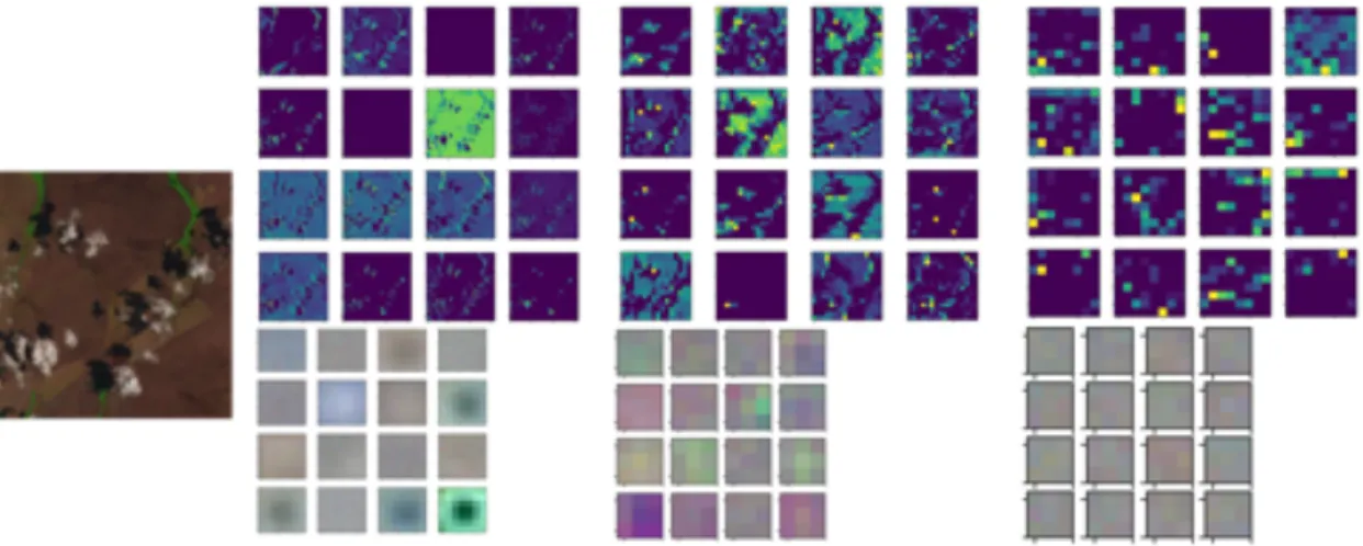 Figure 5. Learned convolutional filters (bottom) and corresponding feature maps (top) for a sample input patch (left).
